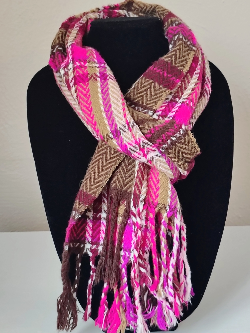 Winter Warmth Cozy Pink and Brown Plaid Fringe Scarf Size OS